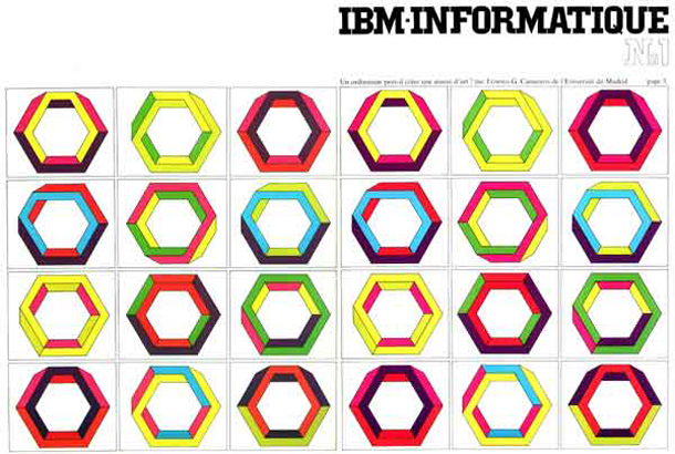 IBM-Informatique Nº1. Paris 1970 Figures imposibles construites par un ordinateur. Impossible parce que ces lignes n'existent pas dans la nature. Les fausses perspectives, recherchées pou elles-mêmes, éveillent l'imagination pictule de l'artiste