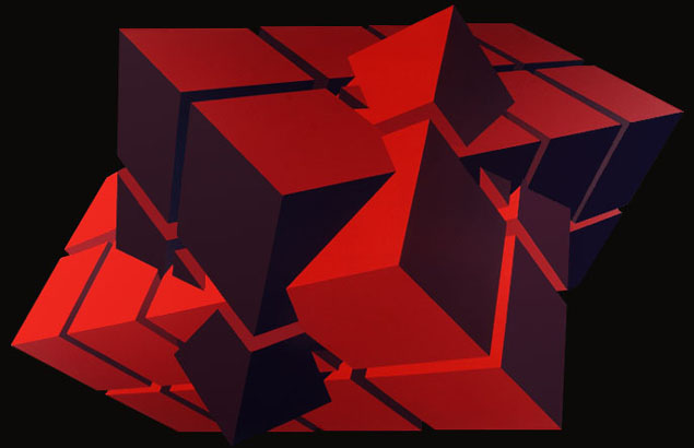 Estructura de Compenetración roja. Pintura Sintética y acrílica sobre madera. 112x190x5 cm.